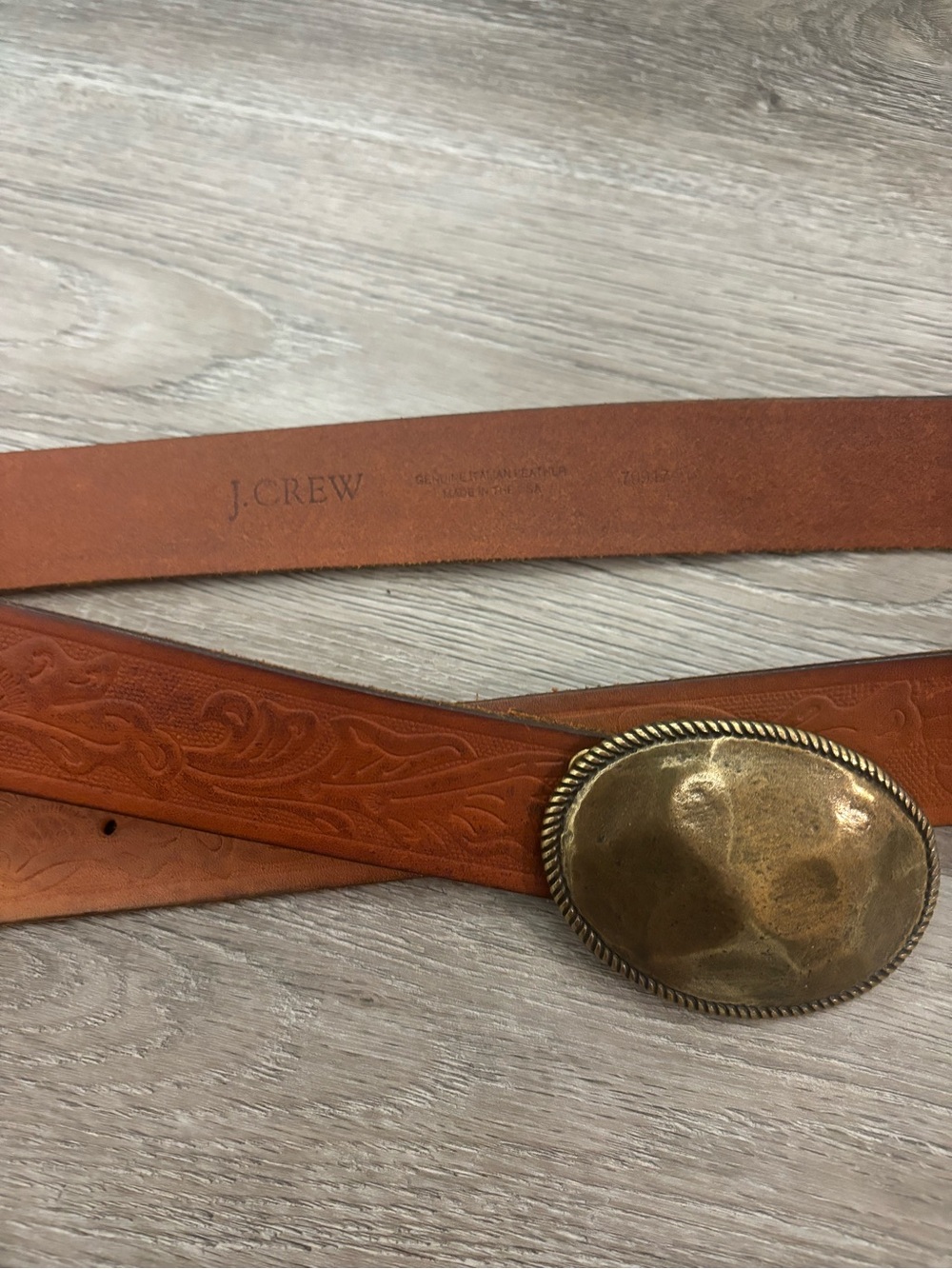 J.Crew Embossed Leather Belt with Brass Oval Buckle size L Large in Brown - Picture 2 of 9